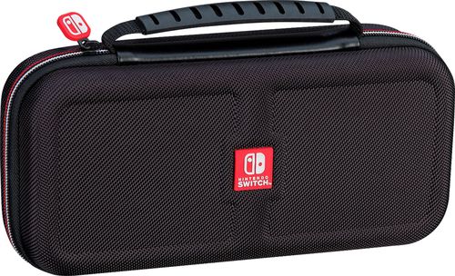 Compatible with Nintendo Switch game console; adjustable viewing stand; recessed bottom insert; comfortable carrying handle; built-in zipper; includes 2 game card cases and 2 microSD card cases