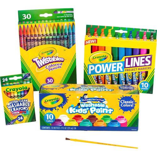 Power Lines washable markers; Twistables colored pencils; washable paint; suitable for children aged 3 and older