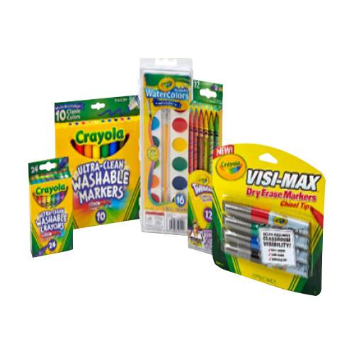 Ultra-Clean crayons; washable watercolors; Ultra-Clean broad-line markers; Twistables colored pencils; Visi-Max dry-erase markers; suitable for children aged 3 and older