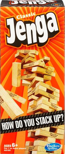 Win by being the last player to remove a block without causing the stack to crash; 54 Jenga hardwood blocks; for one or more players; for ages 6 and up