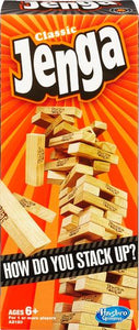 Win by being the last player to remove a block without causing the stack to crash; 54 Jenga hardwood blocks; for one or more players; for ages 6 and up