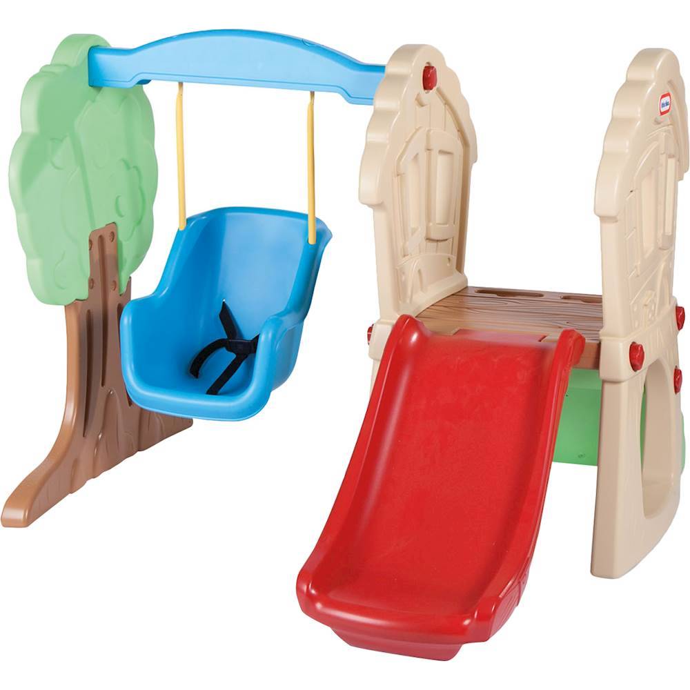 Includes slide, swing, rock wall and platform; 3-point safety belt; maximum weight up to 45 lbs. per child; indoor or outdoor use; for children aged 1 to 4