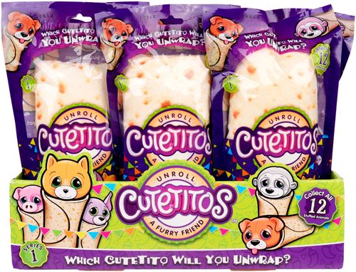 Item selection is randomBlind packagingStuffed animal wrapped and hidden in burrito blanket ready to be unrolled and discovered12 different Cutetitos to collectSuitable for children ages 3 and up