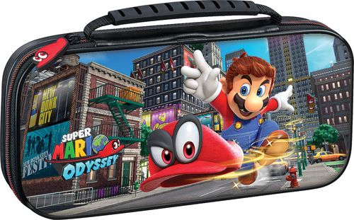 Compatible with Nintendo Switch game console; adjustable viewing stand; recessed bottom insert; comfortable carrying handle; built-in zipper; includes 2 game card cases and 2 microSD card cases