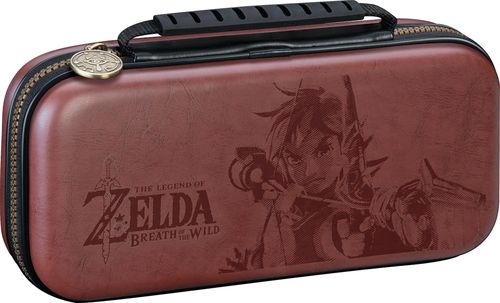 Compatible with Nintendo Switch game console; adjustable viewing stand; recessed bottom insert; comfortable carrying handle; built-in zipper; includes 2 game card cases and 2 microSD card cases