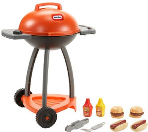 Outdoor toy grill; plastic material; wheels on the base; for ages 2 and up