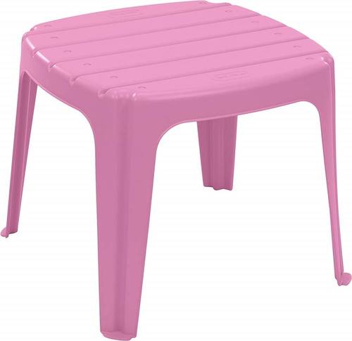 Pink table; sturdy construction; stackable design; holds up to 50 lbs.; suitable for children 18 to 36 months old