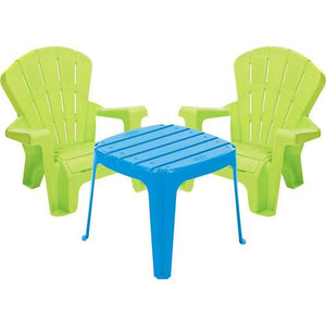 2 chairs and 1 table; indoor and outdoor use, stackable design; weight limit up to 50 lbs. for each chair; suitable for children from 18 months
