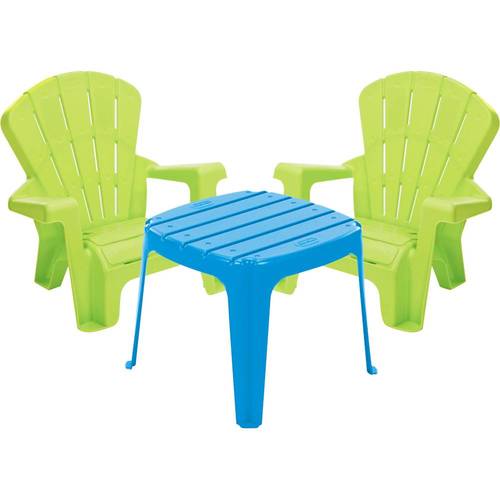 2 chairs and 1 table; indoor and outdoor use, stackable design; weight limit up to 50 lbs. for each chair; suitable for children from 18 months