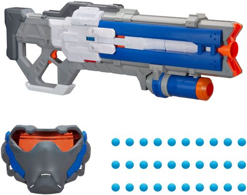 Overwatch game-inspired design; motorized blaster; holds up to 30 rounds; 90 ft/s velocity; battery-powered; suitable for players aged 14 and older