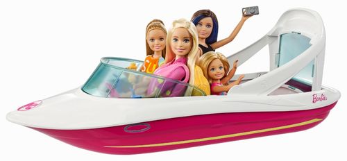 Drives around for action play; Barbie design; includes floating raft and 3 puppies; for ages 3 and up