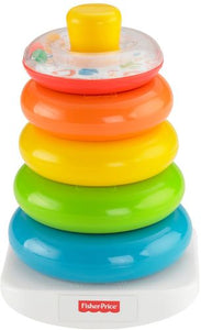 5 colorful rings with rocker base; top ring with shiny surface and rattling beads inside; introduces babies to relative size and stacking; suitable for children ages 6 months and up