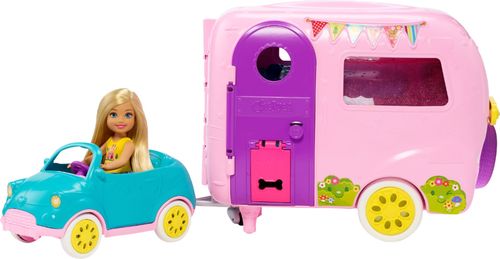 Club Chelsea camper detaches from car and transforms into campsite playset; includes Chelsea doll, puppy, car, camper, firepit, guitar, and 10 accessories; suitable for ages 3 to 7