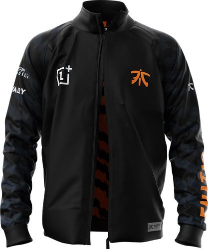 100% polyester material; black and orange printed mesh-lined jacket; reflective Fnatic label; reversed nylon spiral black YKK zipper: size L