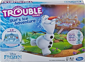 Disney Frozen Olaf's Ice Adventure edition of the Trouble game; comes with ice molds for making Olaf tokens; includes plastic snow castle; from 2 up to 4 players; for ages 5 and older