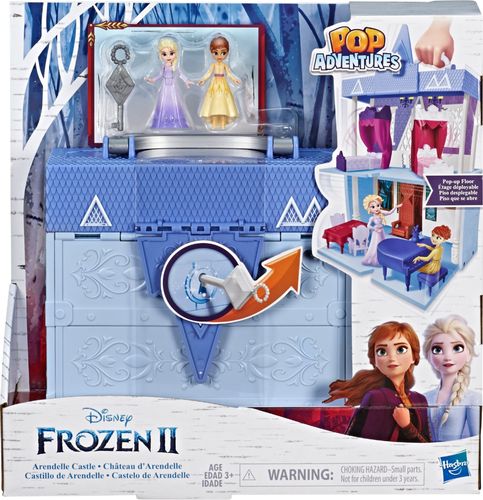 Frozen Pop Adventures Arendelle Castle play set with handle; Elsa doll, Anna doll, and 7 accessories included; soft plastic material; for children ages 3 and up