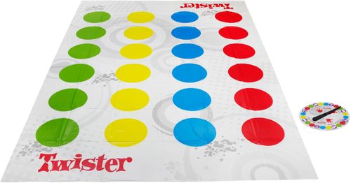 One person gives the spinner a whirl -- see what's next as players try to keep their hands and feet on the mat! Right foot red! Who can do it? Left foot green – who's got it? If a player's knee or elbow touches the mat or falls over, they're out. The last player standing wins!