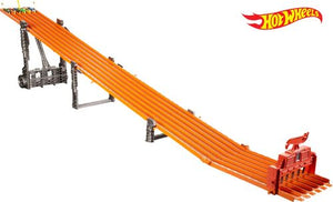 6-lane raceway track set; 8' of racing action; light and sound effects; 6 cars included; orange finish; foldable construction; recommended for ages 5 and up