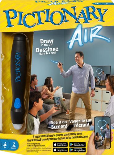 Works with Android and iOS devices; classic family drawing game; 112 double-sided clue cards; Pictionary Air app; 2 play modes; battery-powered; suitable for children ages 8 and up