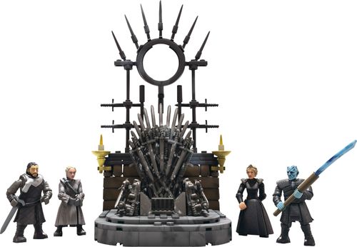 Buildable Iron Throne; Daenerys Targaryen, Jon Snow, Cercei Lannister, and Night King micro action figures; authentic accessories; can be combined with Mega Construx building sets; recommended for ages 16 and up