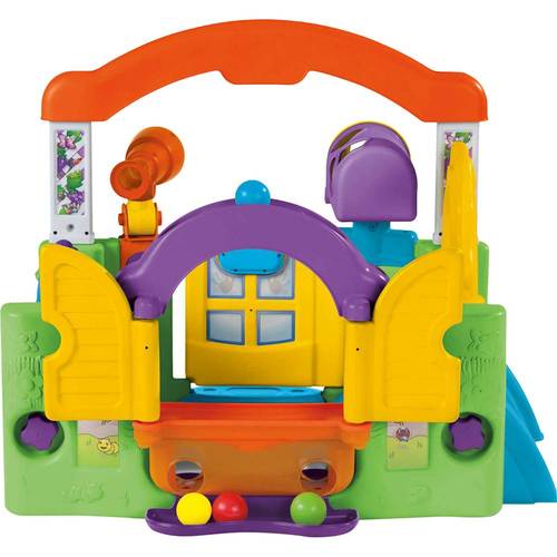 Convertible design; stimulating colors, shapes and textures; movable look-through telescope; sound effects; battery-powered; assembly required; for kids 6 months to 3 years old