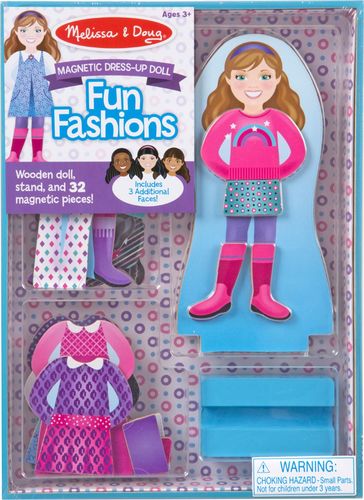 Magnetic dress-up doll; 32-piece set with doll and stand; 3 additional removable faces; wooden construction; storage tray with lid; suitable for children ages 3 and up