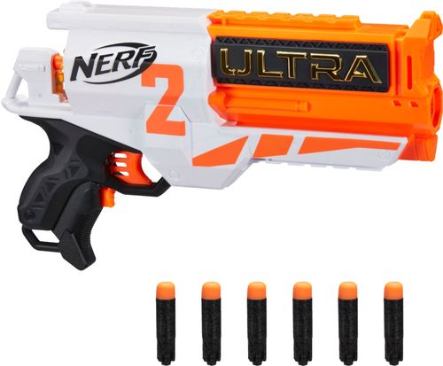 Motorized blaster with 6-dart cylinder; shoots darts up to 120'; Aerofin technology; Nerf Ultra foam material; battery-powered; comes with 6 Nerf Ultra darts; suitable for ages 8 and up