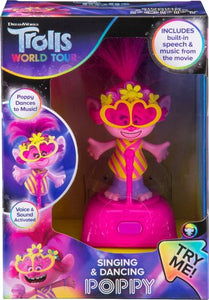 Stylized Trolls World Tour Poppy figure; movie-inspired sounds and voices; realistic dancing and movements; for children ages 3 and up