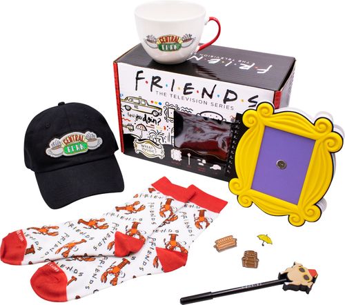 Friends collector box with exclusive items; crew socks, Central Perk cap, Central Perk mug, journal, pen with pen topper, and set of 3 pins; suitable for children ages 10 and up