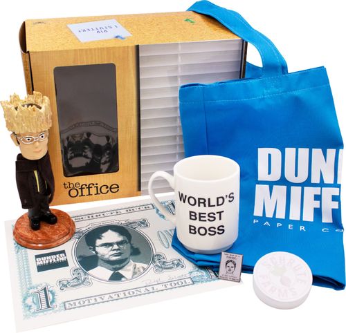 The Office collector box with exclusive items; Worlds Best Boss mug, Hay King Dwight bobblehead, tote bag, Dwight Schrute sticky notes, pin, and Schrute buck art print; suitable for children ages 10 and up