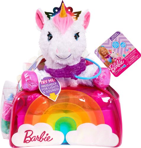 Plush unicorn; rainbow hair and glittery eyes; light-up horn; sound effects; made with soft and cuddly fabrics; for children ages 3 and up