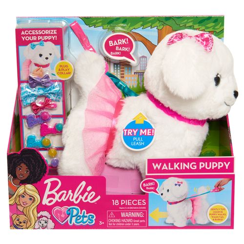 Puppy barks, walks, and wags her tail; customizable outfit; fabric bows; battery-powered; for children ages 3 and up