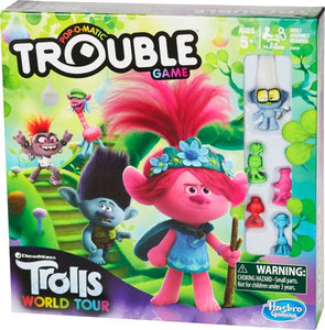 Trolls World Tour movie inspired Classic Trouble board game; foldable game board; 4 Trolls characters; designed for 2 to 4 players; suitable for children ages 5 and up