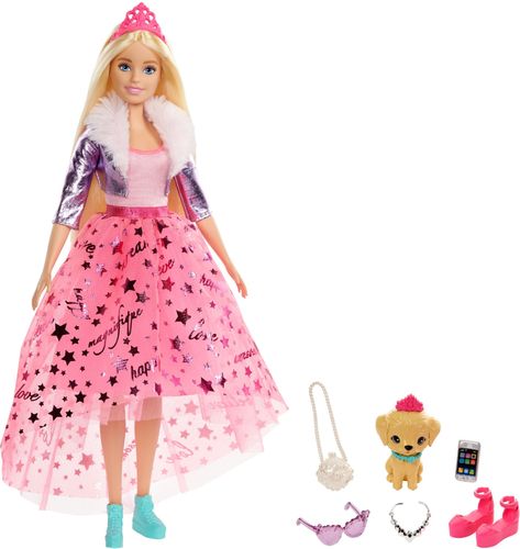 Barbie®  doll  is  royally  trendy  in  a  pink  top  and  high-low  skirt  with  sweet,  sparkly  graphics  reading,  'believe,'  'happy,'  'dream,'  and  more.