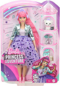 &#8203;Daisy doll puts a trendy twist on her princess look in a full skirt with sparkly graphics, a metallic jacket, pink high-tops and a tiara with built-in headphones.