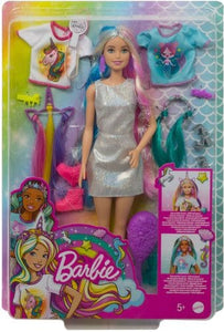 Barbie&#174; Fantasy Hair&#8482; doll comes with hairstyling accessories and 2 fantasy looks -- unicorn and mermaid -- for an instant and easy hair and fashion transformation