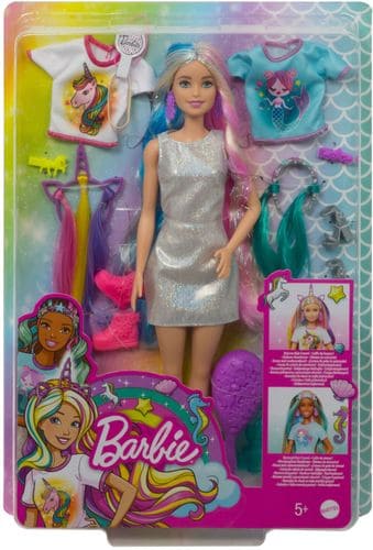 Barbie® Fantasy Hair™ doll comes with hairstyling accessories and 2 fantasy looks -- unicorn and mermaid -- for an instant and easy hair and fashion transformation