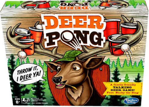 Includes deer head, backboard, stand, 4 antler pieces, 6 cups, 6 balls, and game rules. Ages 8 and up For 2 or more players. Adult assembly required. Requires 3x 1.5V AA Alkaline Batteries (not included)