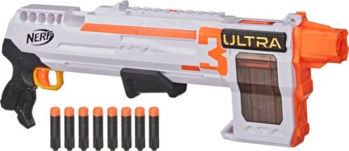 Includes: blaster, 8 darts, and instructions Ages 8 and up  TO AVOID EYE INJURY: WARNING: Do not aim at eyes or face. Use of eyewear recommended for players and people within range. Use only official Nerf darts. Other darts may not meet safety standards. Do not modify darts or blaster. WARNING: CHOKING HAZARD - Small parts may be generated. Not for children under 3 years.