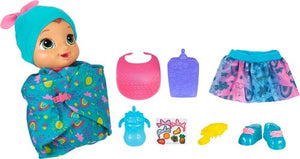 Includes doll with attached onesie, swaddle blanket, bottle, food pouch, bib, hat, brush, skirt, shoes, instructions, quickstart guide and activity sheet. For ages 3+ WARNING: Small parts may be generated. Note: Adult should remove and discard fasteners/packaging components. SURFACE CLEAN ONLY