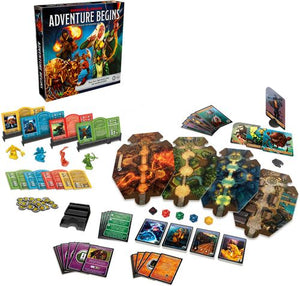 Includes 4 mini-figures, 4 Boss tiles, 4 20-sided dice, 10-sided Dungeon Master die, damage clip, 4 health trackers, plastic deck holder, 20 character tiles, 4 dungeon boards, 24 gold, 4 adventure decks, item deck, 4 reference cards, 8 backpack cards, 12 gatekeeper cards, part stand, and game rules.Ages 10 and up.For 2-4 players.