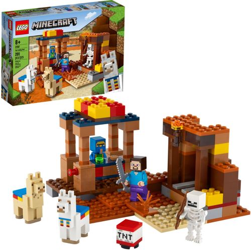 Versatile playset packed with popular Minecraft™ fun: mining, explosions, a mysterious trader, a hostile skeleton and 2 llamas on the loose!
