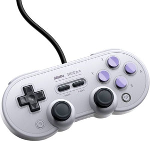 This 8BitDO SN30 Pro USB Gamepad is a wired controller that supports Nintendo Switch, Windows, and Rasberry Pi devices.