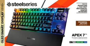 The Apex 7 TKL keyboard has mechanical switches guaranteed for 50 million keypresses. Brown switches have a soft tactile feel, so you can gently feel when an input is made. An integrated OLED Smart Display with on-board storage is your command center for on-the-fly info from your game, Spotify, or Discord, and provides software-free customization for tweaking and saving your settings.