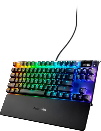 The Apex 7 TKL keyboard has mechanical switches guaranteed for 50 million keypresses. Blue switches have a soft tactile feel, so you can gently feel when an input is made. An integrated OLED Smart Display with on-board storage is your command center for on-the-fly info from your game, Spotify, or Discord, and provides software-free customization for tweaking and saving your settings.