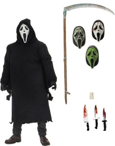 Ghost Face stands approximately 7' tall, is dressed in an all fabric robe for full pose ability, and comes with a disturbing amount of sharp objects including 3 knives and a scythe.