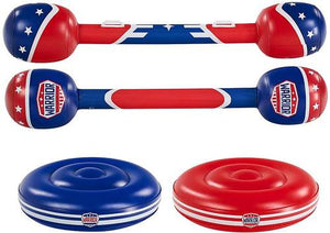 Jousting challenge set; indoor or outdoor use; made of heavy-duty PVC; high quality handles; includes two battle batons and two jousting podiums