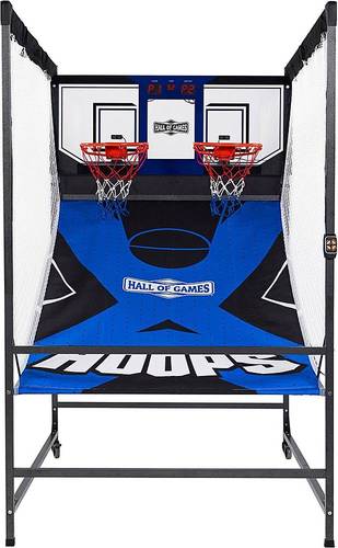 2-player arcade basketball game; reinforced 0.75' square steel frame; 2 sturdy 15' steel rims; clear polycarbonate backboard with steel frame; integrated oversized LED scoring display; 8 different games