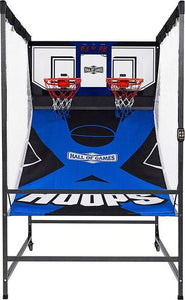 2-player arcade basketball game; reinforced 0.75' square steel frame; 2 sturdy 15' steel rims; clear polycarbonate backboard with steel frame; integrated oversized LED scoring display; 8 different games