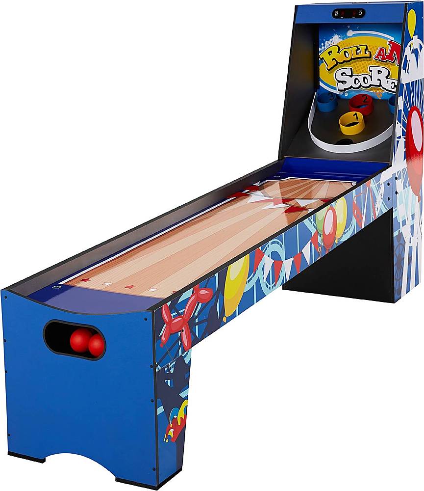 Roll and score game; one-piece solid construction with reinforced wood legs; compact design with electronic scoring; electronic scorer with arcade sound effects; easy access push-button controls